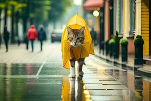 een kat wandelen in de regen met een paraplu. ai-gegenereerd foto