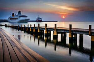 een reis schip aangemeerd Bij de pier Bij zonsondergang. ai-gegenereerd foto