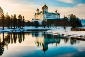 de het kremlin in winter met de rivier- in de voorgrond. ai-gegenereerd foto