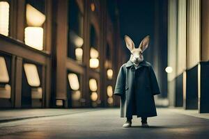 een konijn vervelend een jas en staand in een leeg straat. ai-gegenereerd foto