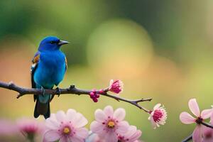 een blauw vogel zit Aan een Afdeling met roze bloemen. ai-gegenereerd foto