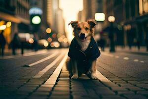 een hond zittend Aan de straat in een stad. ai-gegenereerd foto