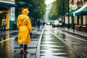 een persoon in een geel regenjas wandelen naar beneden een straat. ai-gegenereerd foto