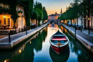 een boot is aangemeerd in een kanaal Bij zonsondergang. ai-gegenereerd foto