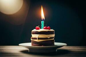 een verjaardag taart met een lit kaars. ai-gegenereerd foto
