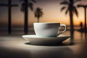 koffie kop Aan een tafel in voorkant van palm bomen. ai-gegenereerd foto