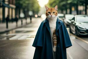 een kat in een blauw jas staand Aan de straat. ai-gegenereerd foto