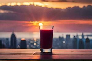 een glas van sap Aan een tafel met een stad in de achtergrond. ai-gegenereerd foto