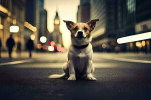 een hond zittend Aan de straat in de stad. ai-gegenereerd foto