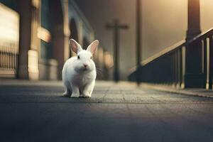 een wit konijn is wandelen naar beneden een straat. ai-gegenereerd foto