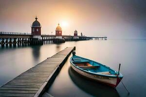 een boot zit Aan de pier Bij zonsopkomst. ai-gegenereerd foto