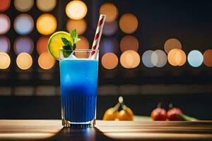 blauw cocktail met limoen en munt Aan een houten tafel. ai-gegenereerd foto