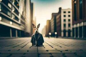een konijn in een pak staat in de midden- van een stad straat. ai-gegenereerd foto