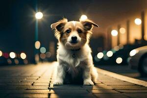 een hond zittend Aan de trottoir Bij nacht. ai-gegenereerd foto