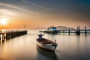 een boot is aangemeerd Bij de pier Bij zonsondergang. ai-gegenereerd foto