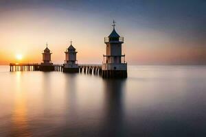 drie vuurtoren torens in de oceaan Bij zonsondergang. ai-gegenereerd foto