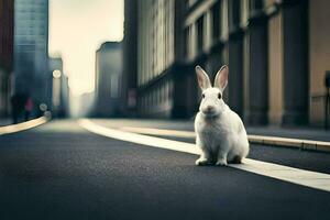 wit konijn zittend Aan de straat in een stad. ai-gegenereerd foto