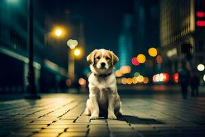 een hond zittend Aan de straat Bij nacht. ai-gegenereerd foto