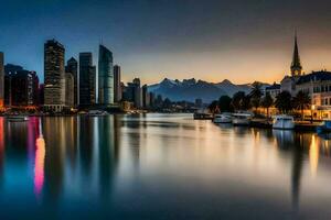 de stad horizon Bij schemer in melbourne, Australië. ai-gegenereerd foto