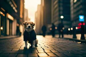 een hond in een jasje staand Aan een straat. ai-gegenereerd foto