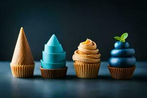 vier cupcakes met verschillend kleuren Aan een donker achtergrond. ai-gegenereerd foto