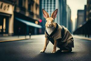 een konijn vervelend een loopgraaf jas Aan de straat. ai-gegenereerd foto