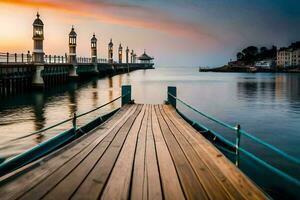 een houten pier in de water Bij zonsondergang. ai-gegenereerd foto