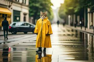 een kat vervelend een geel regenjas staand Aan een nat straat. ai-gegenereerd foto