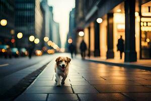 een hond wandelen naar beneden een stad straat Bij nacht. ai-gegenereerd foto