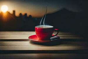 een kop van koffie Aan een houten tafel met de zon in de achtergrond. ai-gegenereerd foto