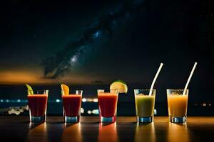 een rij van drankjes met rietjes Aan een tafel in voorkant van een nacht lucht. ai-gegenereerd foto