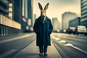 een konijn vervelend een pak en stropdas Aan de straat. ai-gegenereerd foto