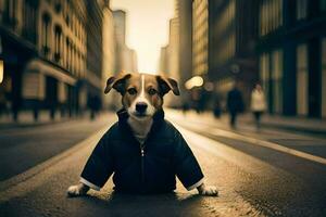 een hond vervelend een jasje zittend Aan de straat. ai-gegenereerd foto