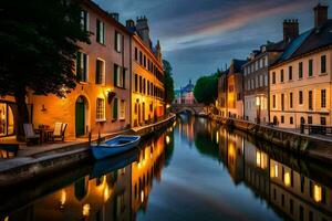 een kanaal in de midden- van een stad Bij nacht. ai-gegenereerd foto