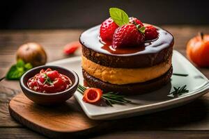 een taart met aardbeien en chocola saus. ai-gegenereerd foto