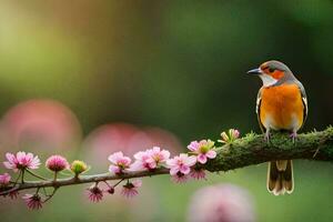 een vogel zit Aan een Afdeling met roze bloemen. ai-gegenereerd foto