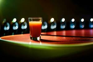een glas van oranje sap zittend Aan een tafel. ai-gegenereerd foto