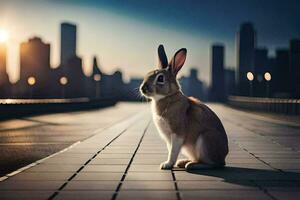een konijn zittend Aan de grond in voorkant van een stad horizon. ai-gegenereerd foto