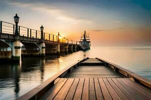 een houten dok met een boot Bij zonsondergang. ai-gegenereerd foto