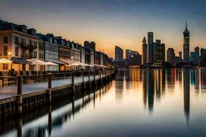 de stad horizon is weerspiegeld in de water Bij zonsondergang. ai-gegenereerd foto