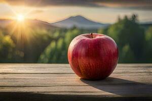 een appel zit Aan een houten tafel in voorkant van een berg. ai-gegenereerd foto