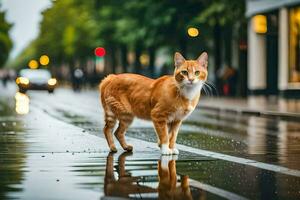 een oranje kat is wandelen Aan een nat straat. ai-gegenereerd foto