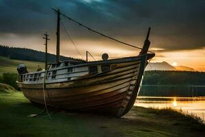 een boot zit Aan de kust Bij zonsondergang. ai-gegenereerd foto