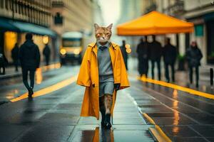 een kat vervelend een geel jas en wandelen naar beneden een straat. ai-gegenereerd foto