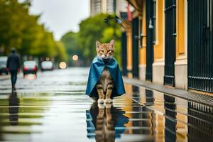 een kat in een blauw kaap staand Aan een nat straat. ai-gegenereerd foto