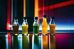 een rij van kleurrijk flessen met verschillend gekleurde vloeistoffen. ai-gegenereerd foto