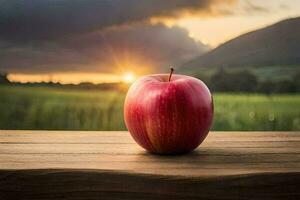 een appel zit Aan een houten tafel in voorkant van een zonsondergang. ai-gegenereerd foto