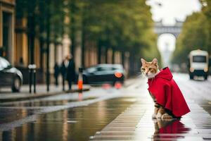 een kat vervelend een rood kaap Aan een regenachtig straat. ai-gegenereerd foto