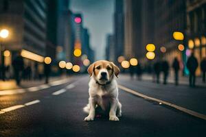 een hond zittend Aan de straat Bij nacht. ai-gegenereerd foto