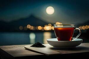 een kop van thee en een plak van brood Aan een houten tafel in voorkant van een vol maan. ai-gegenereerd foto